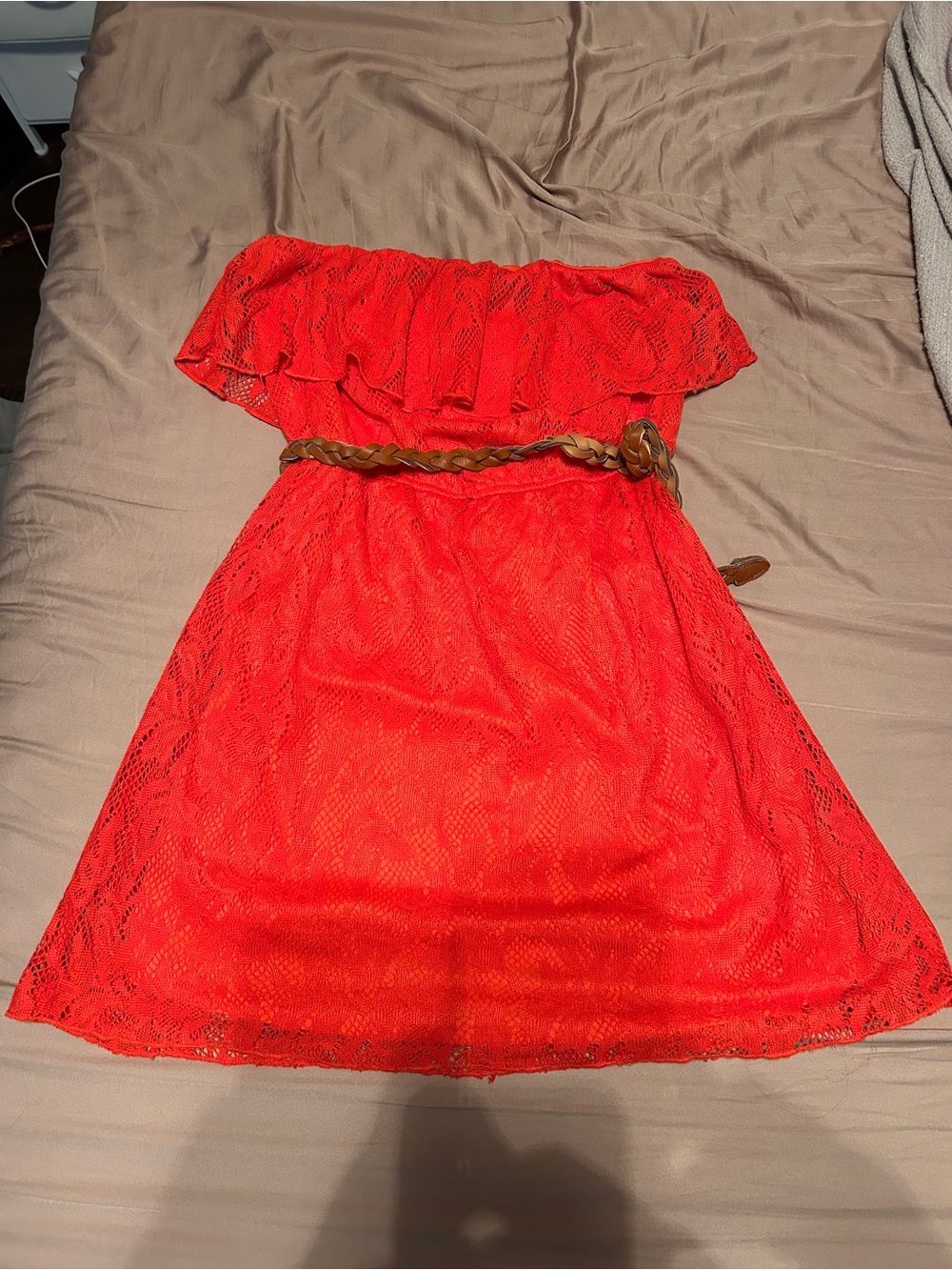 Charlotte Russe Red strapless Lace Mini Dress with Braided Belt